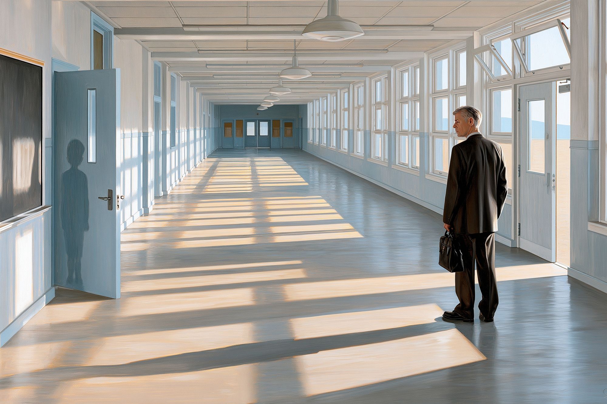 Sunlit Corridor with Man — Fine-Art Print. poster — fine-art art