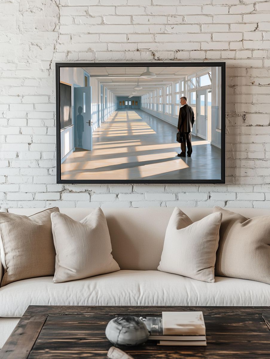Sunlit Corridor with Man — Fine-Art Print. — room view 1