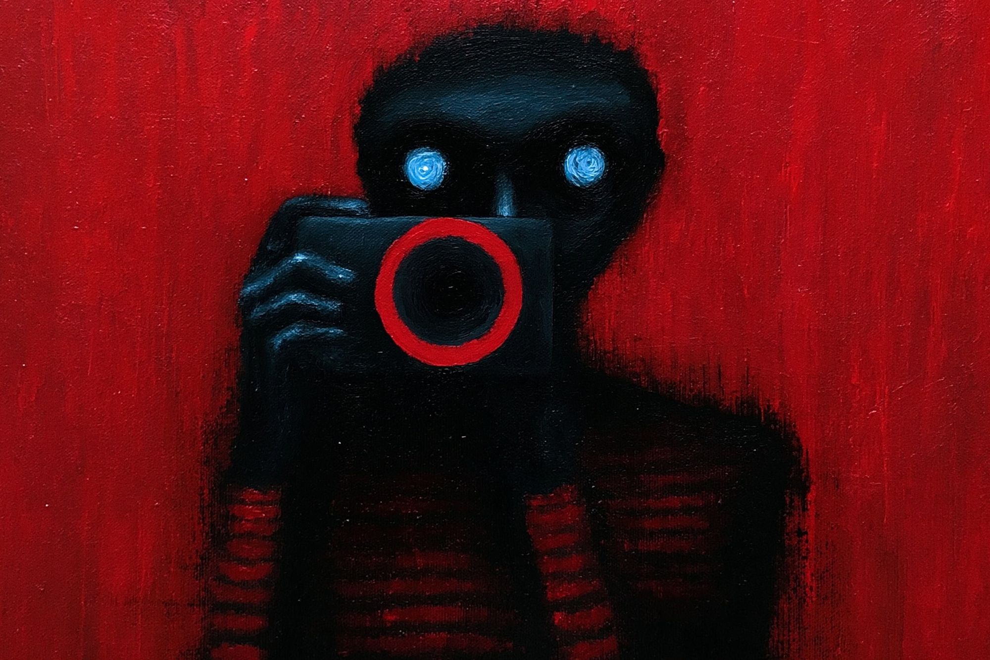 Red Camera Figure Surrealism Print. poster — fine-art art