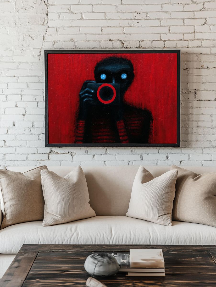 Red Camera Figure Surrealism Print. room preview