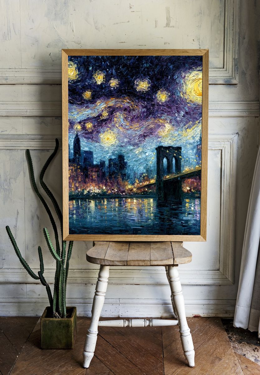 Starry Night City Bridge Print. room preview