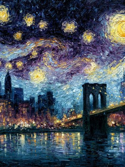 Starry Night City Bridge Print. poster
