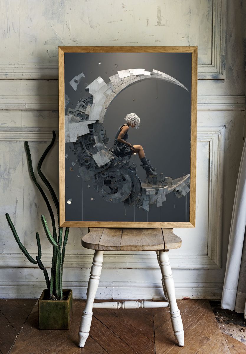 Surreal Moon Rider Print. room preview