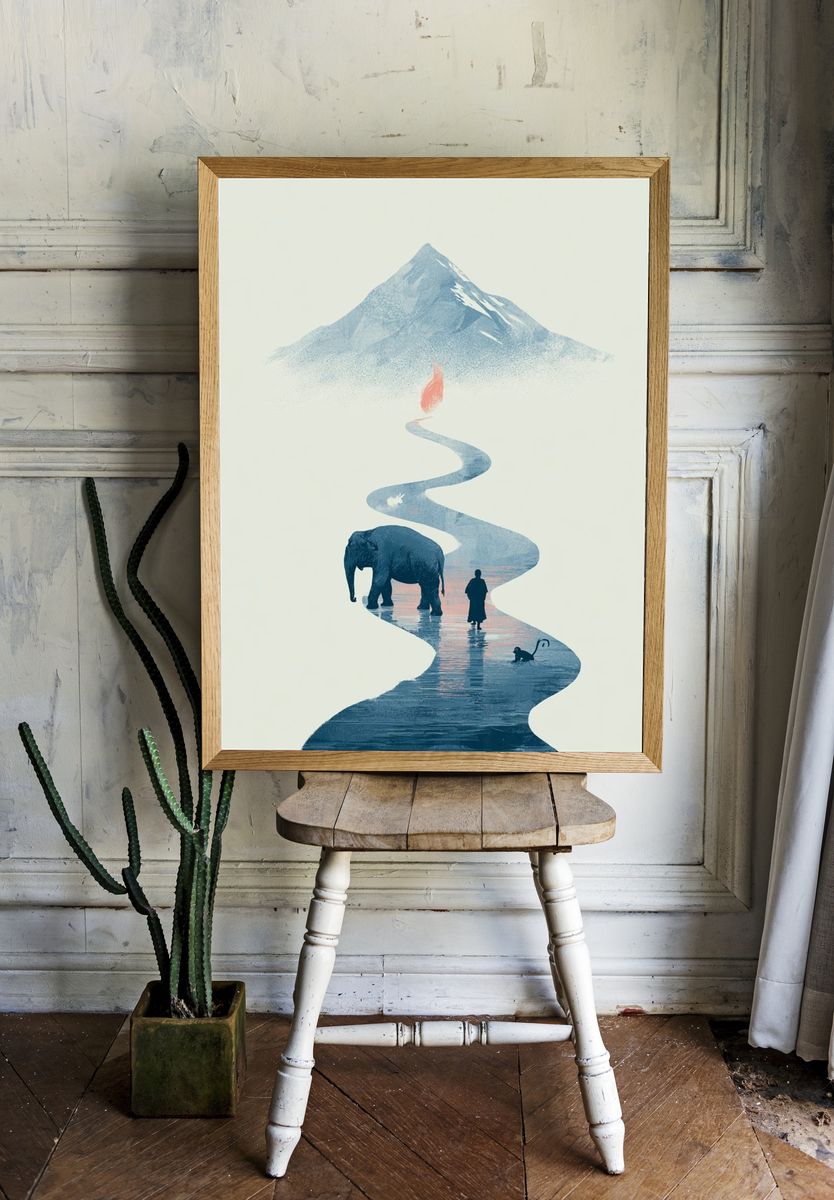 Elephant River Mountain Surreal Print. — room view 1