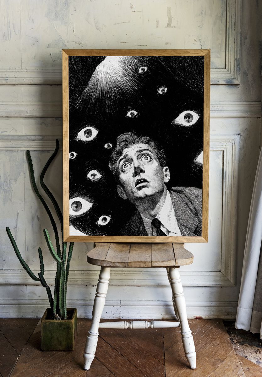 Surreal Eyes and Man Portrait Print. room preview