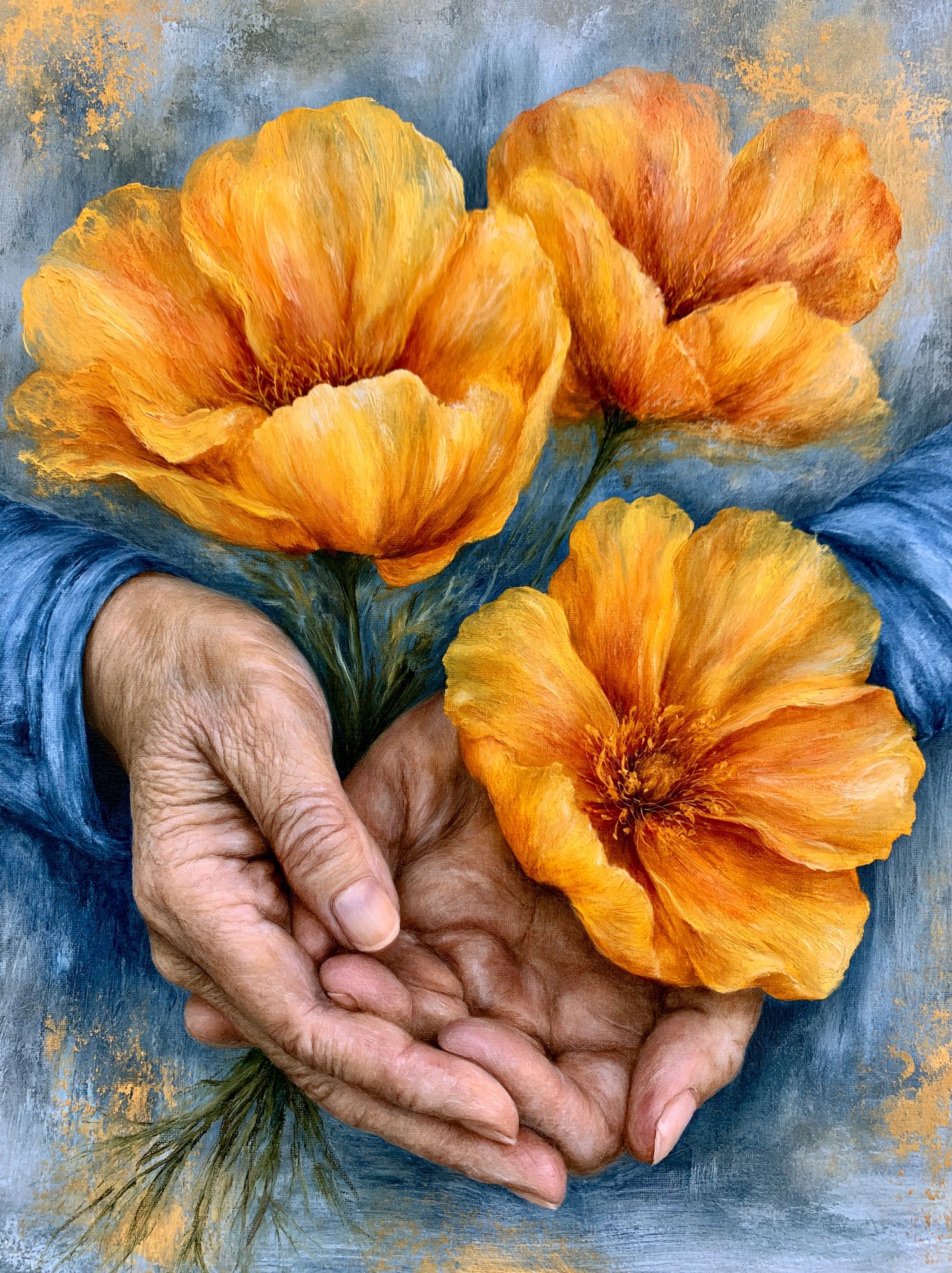 Hands Holding Orange Flowers Print. poster detail