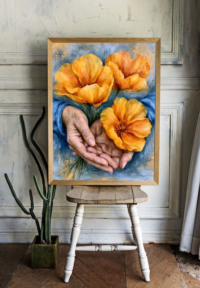 Hands Holding Orange Flowers Print. — room view 1