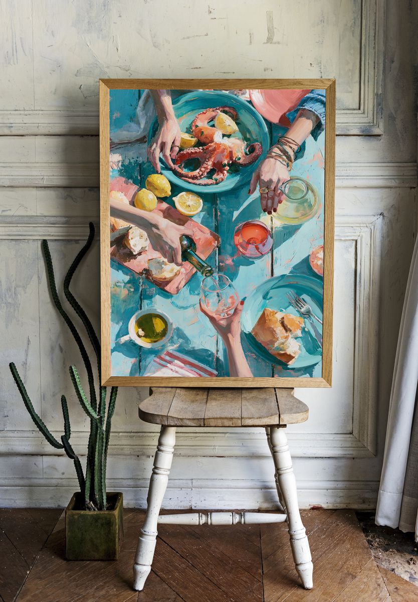 Mediterranean Seafood Table Fine-Art Poster. room preview