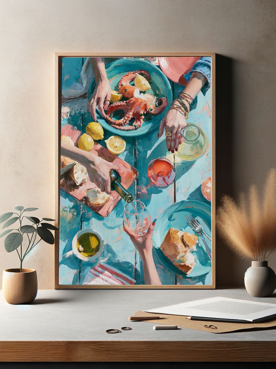 Mediterranean Seafood Table Fine-Art Poster. — room view 2