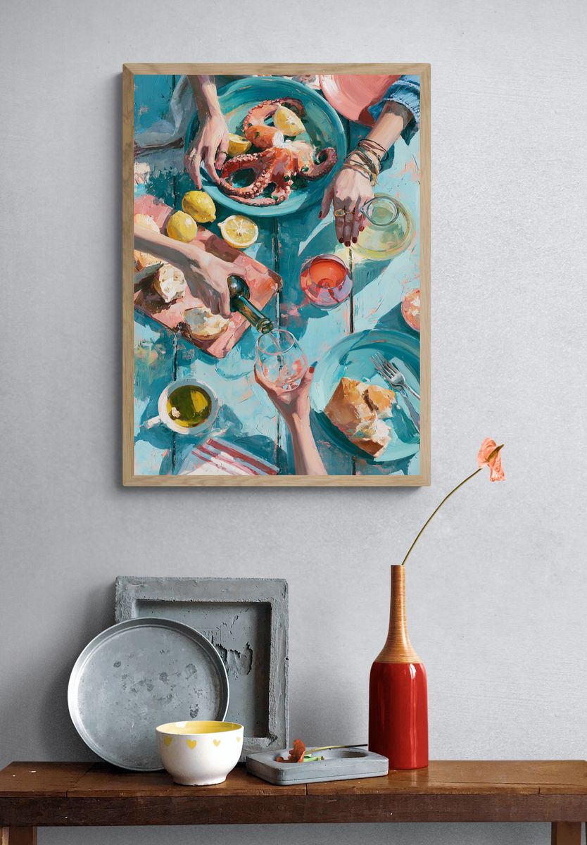 Mediterranean Seafood Table Fine-Art Poster. — room view 3
