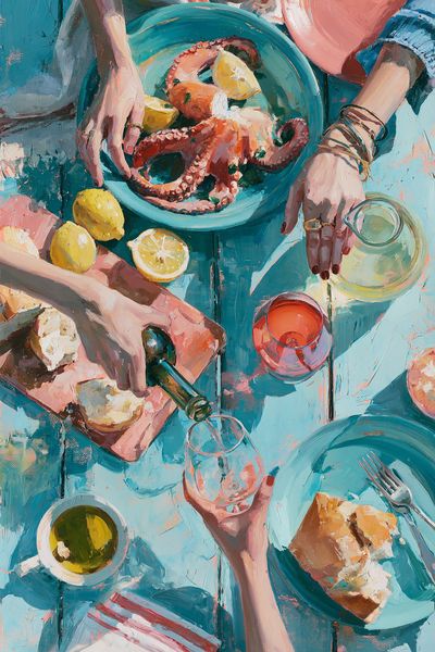 Mediterranean Seafood Table Fine-Art Poster. poster print