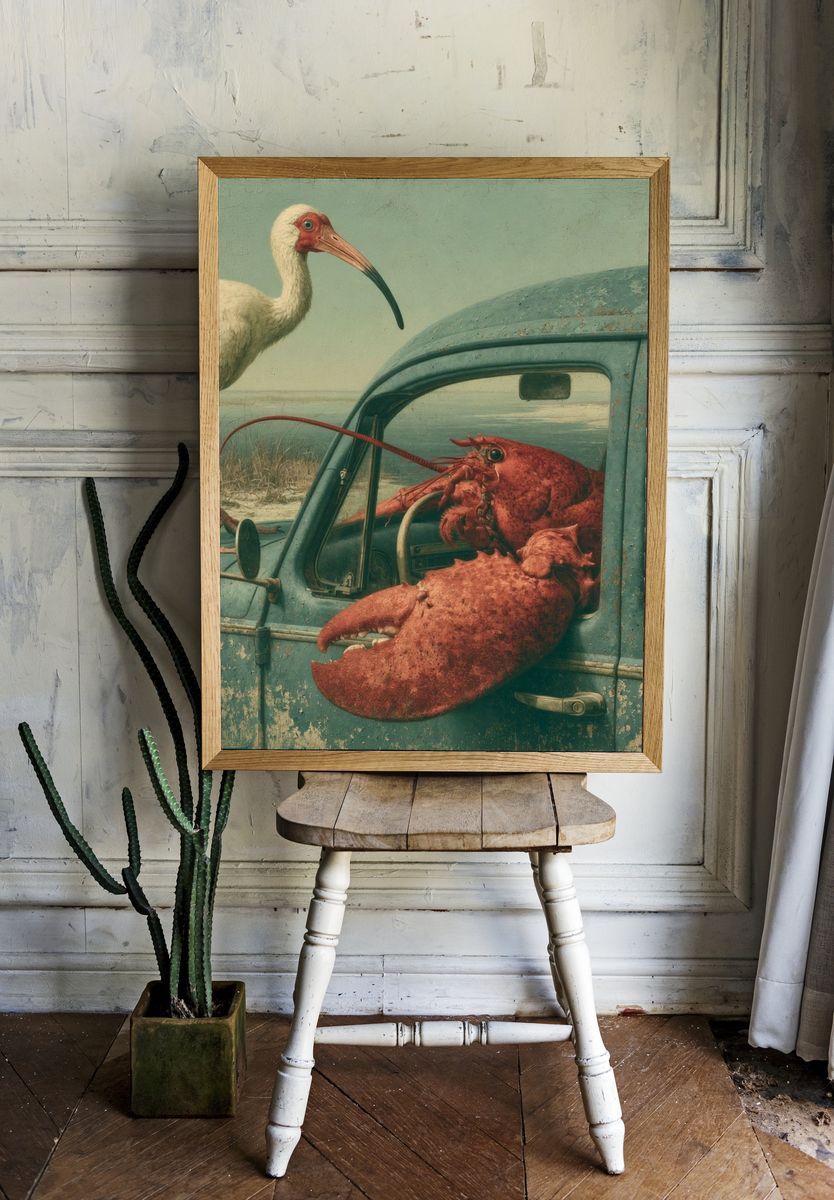 Surreal Coastal Bird and Lobster Print. room preview