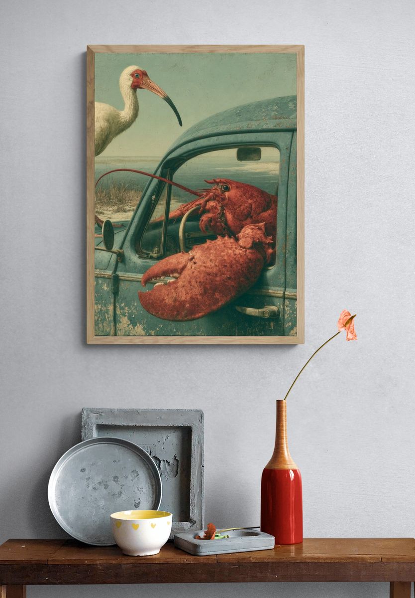 Surreal Coastal Bird and Lobster Print. — room view 3