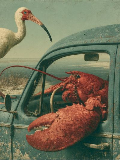 Surreal Coastal Bird and Lobster Print. poster