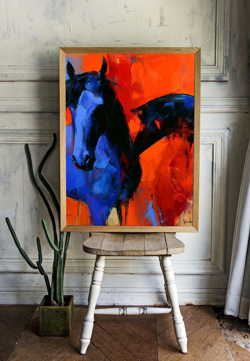 Blue Horse Abstract Print. room preview