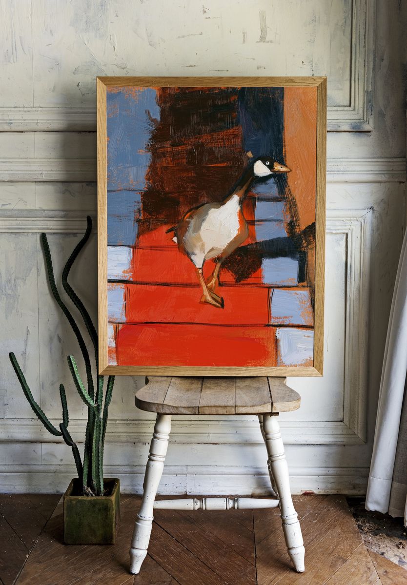 Goose on Red Steps Print. — room view 1