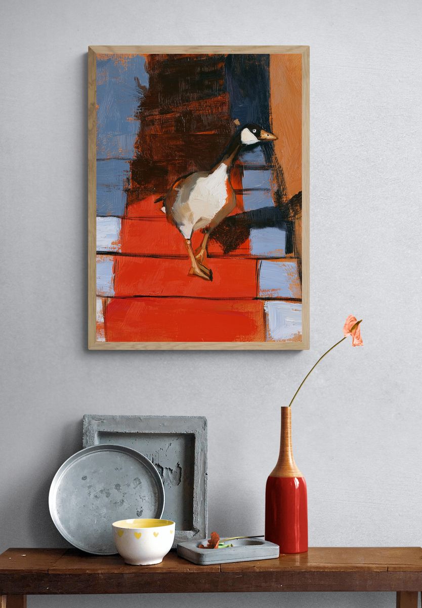 Goose on Red Steps Print. — room view 3