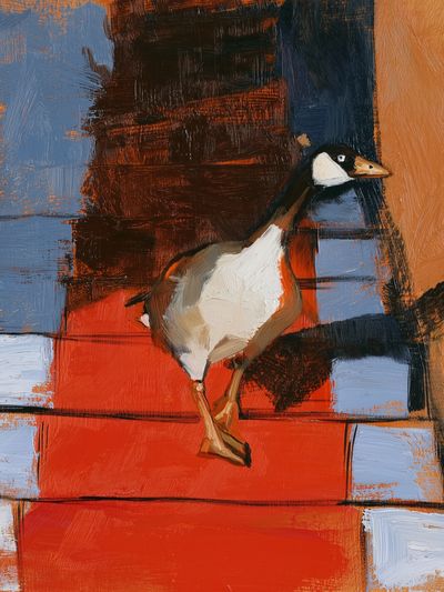 Goose on Red Steps Print. poster