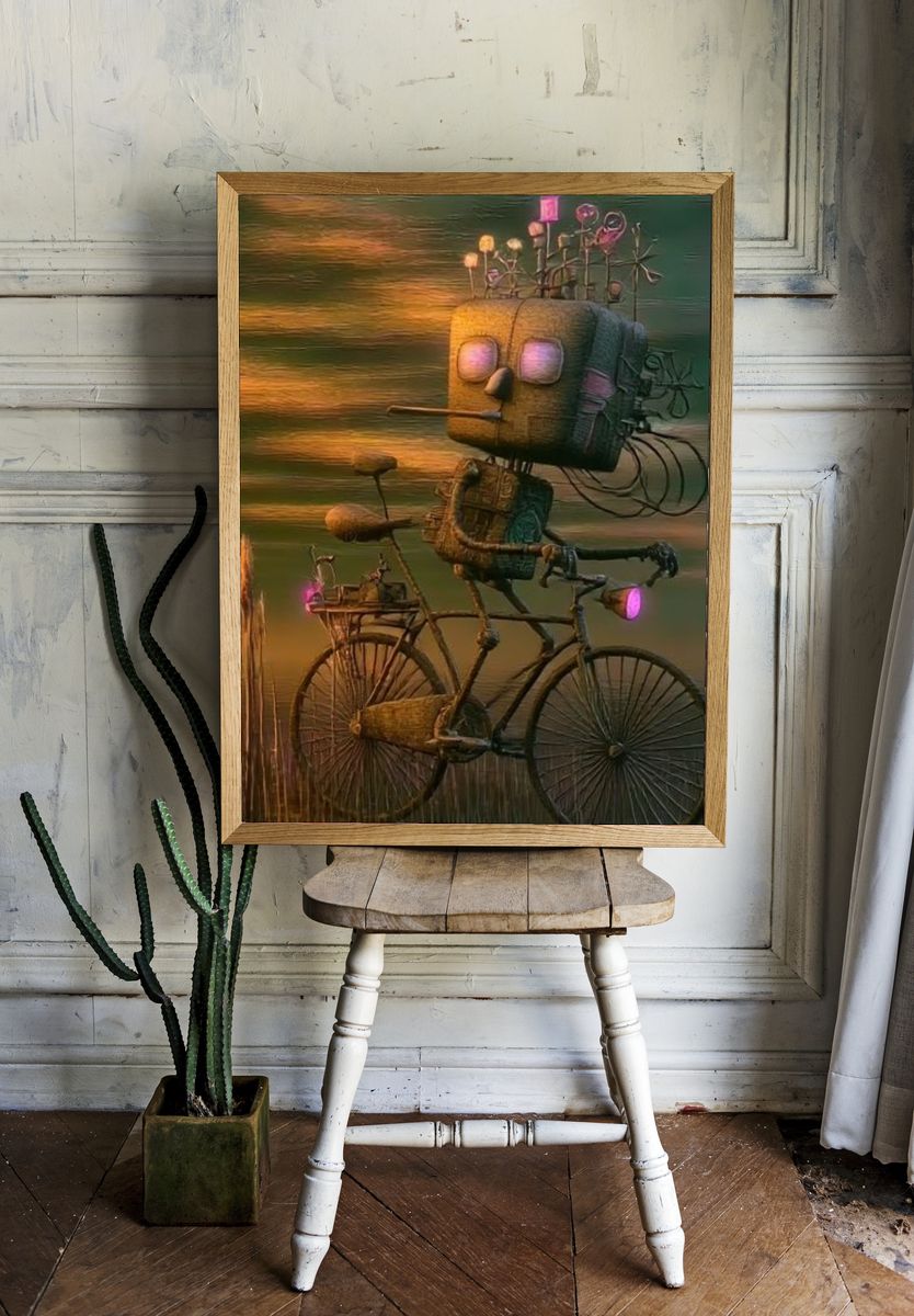 Surreal Bicycle Robot Print. — room view 1
