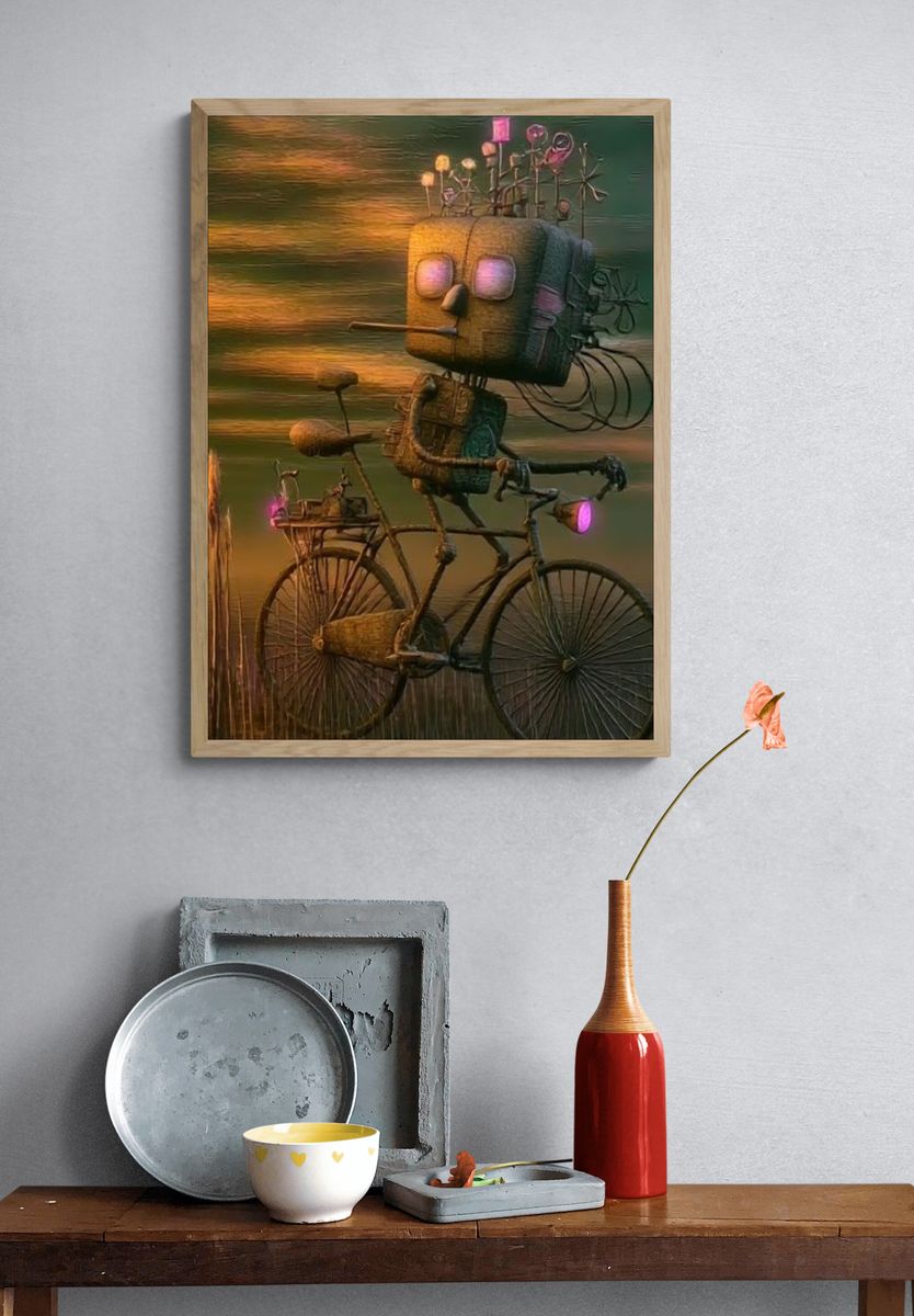 Surreal Bicycle Robot Print. — room view 3