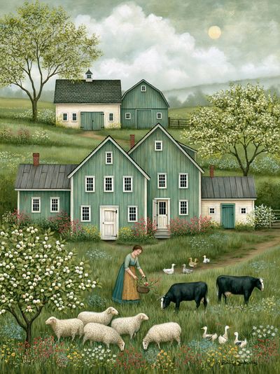 Pastoral Farmhouse Landscape Print. poster