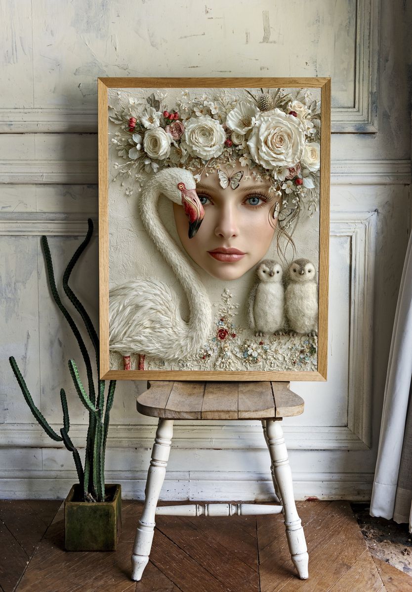 Floral Swan Portrait Print. room preview