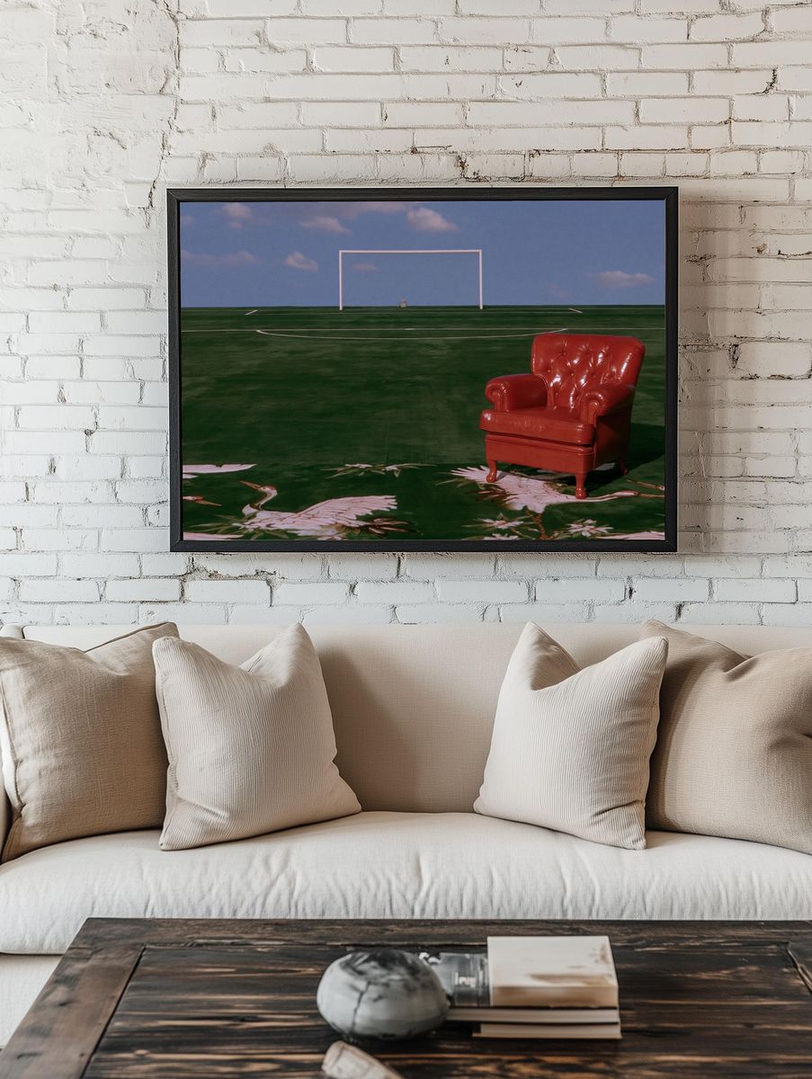 Red Armchair on Field Photography Poster. — room view 1