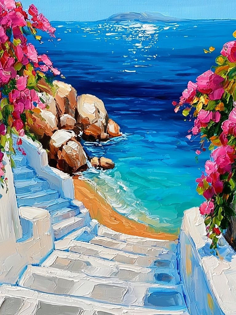 Greek Seaside Steps — Impressionist Print. poster detail