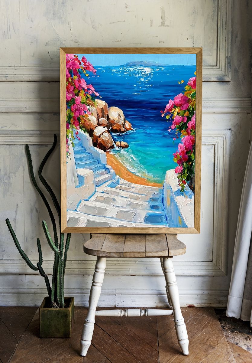 Greek Seaside Steps — Impressionist Print. — room view 1