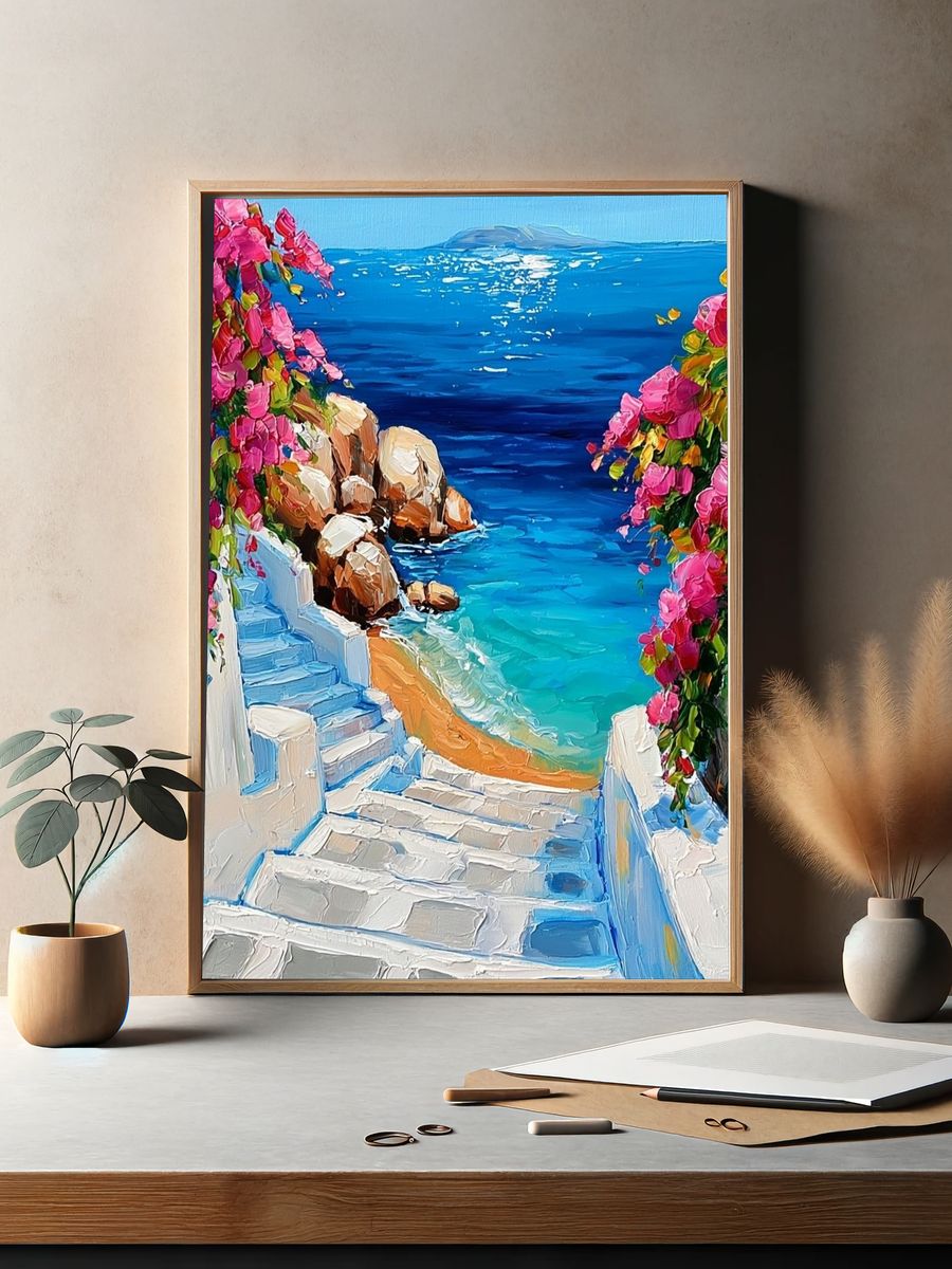 Greek Seaside Steps — Impressionist Print. — room view 2