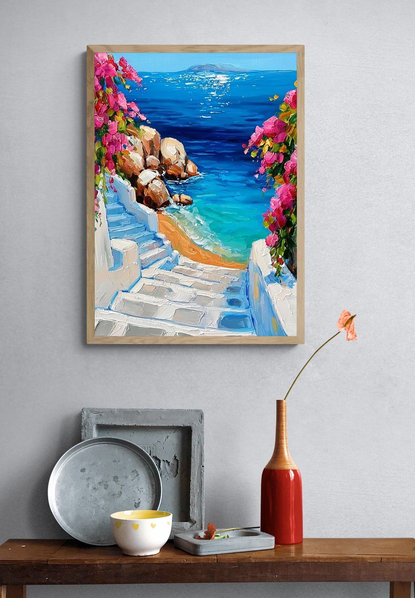 Greek Seaside Steps — Impressionist Print. — room view 3