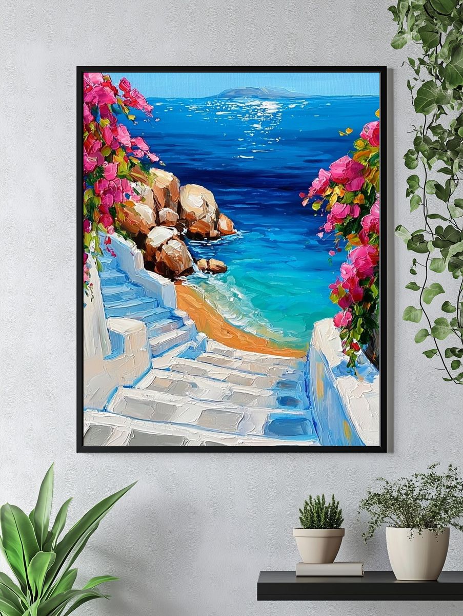 Greek Seaside Steps — Impressionist Print. — room view 4