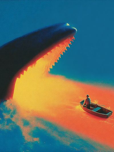 Whale and Boat Surrealism Print. poster