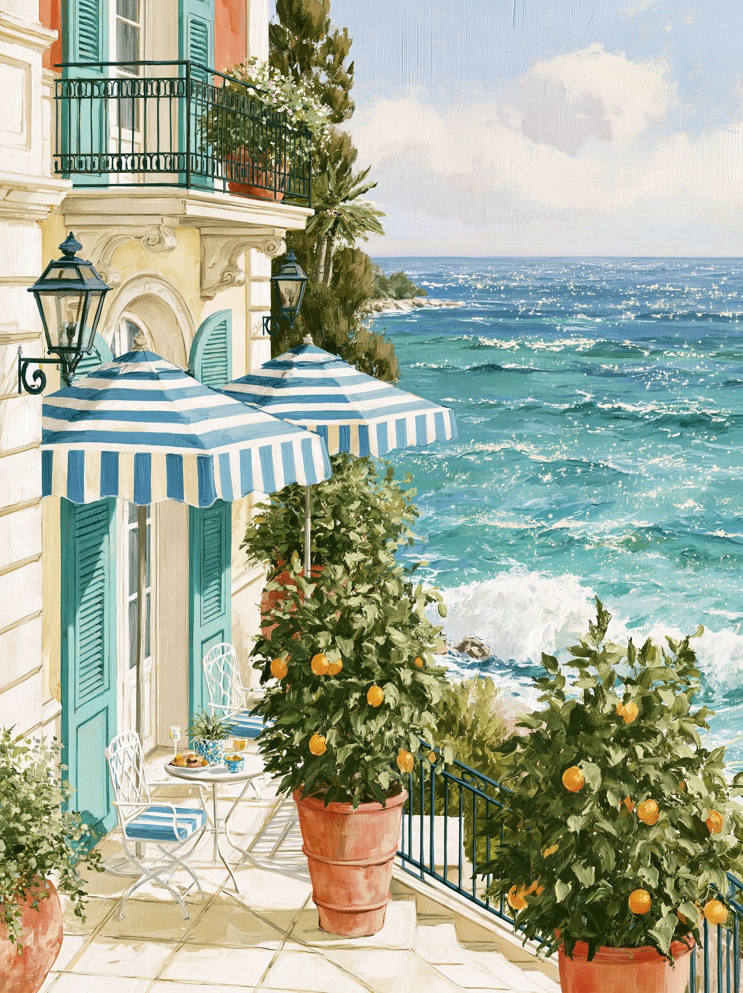 Mediterranean Seaside Terrace Print. poster — fine-art art