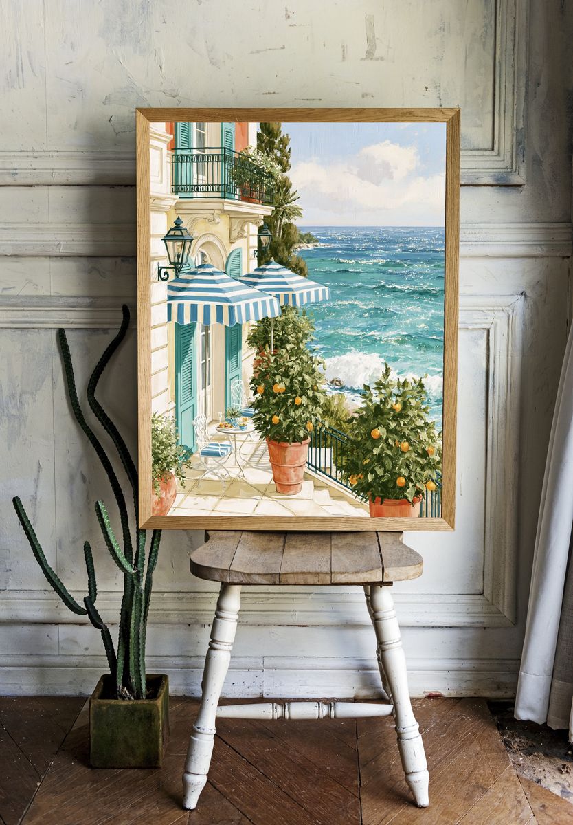 Mediterranean Seaside Terrace Print. room preview