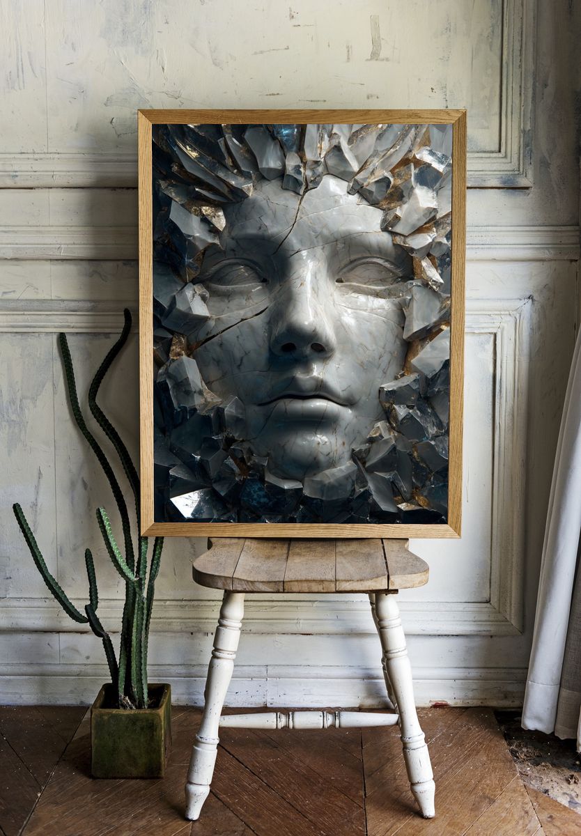 Cracked Marble Face Surrealism Print. room preview