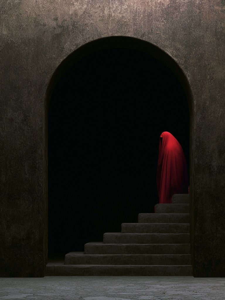 Red Veiled Figure Surrealism Print. poster — fine-art art