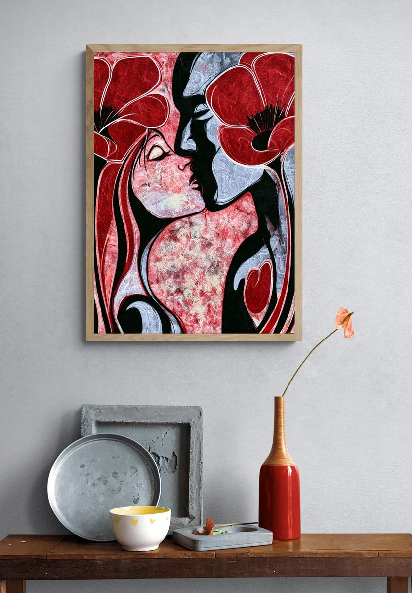 Red Floral Lovers Abstract Print. — room view 3