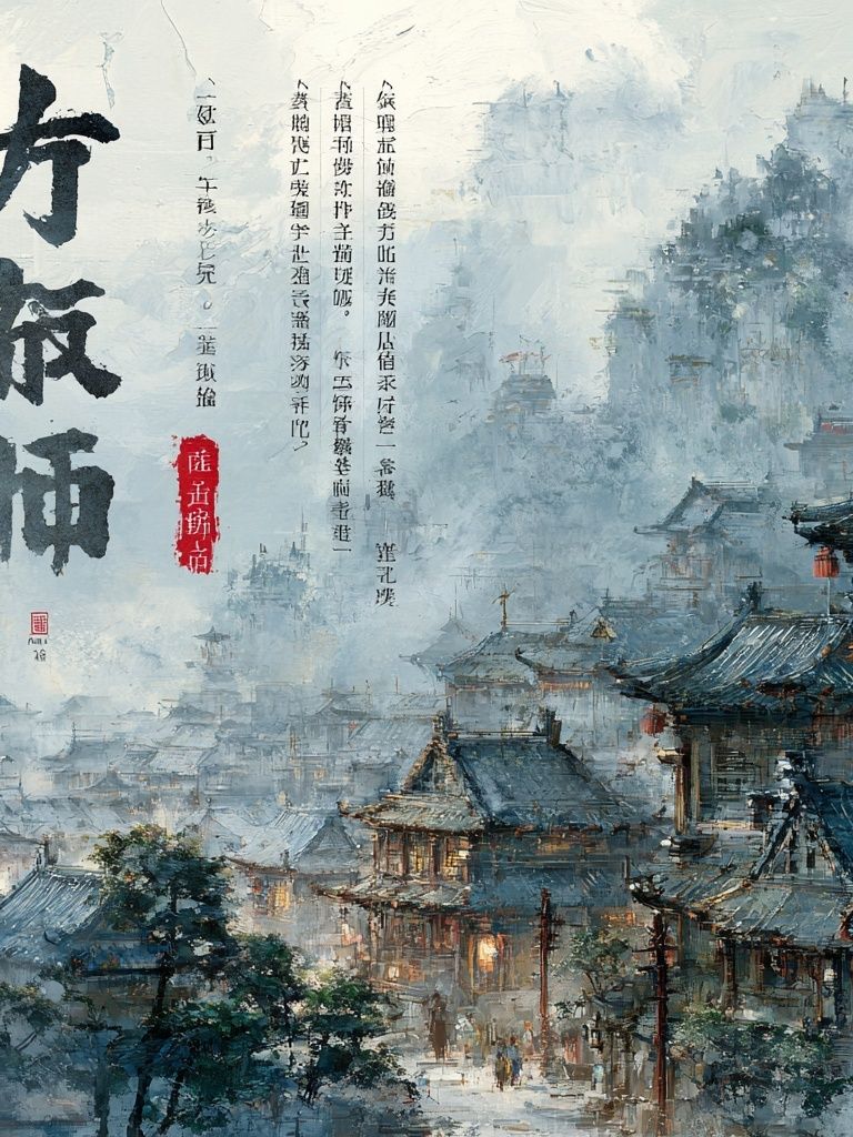 Misty Ancient Village Ink Poster. poster — fine-art art