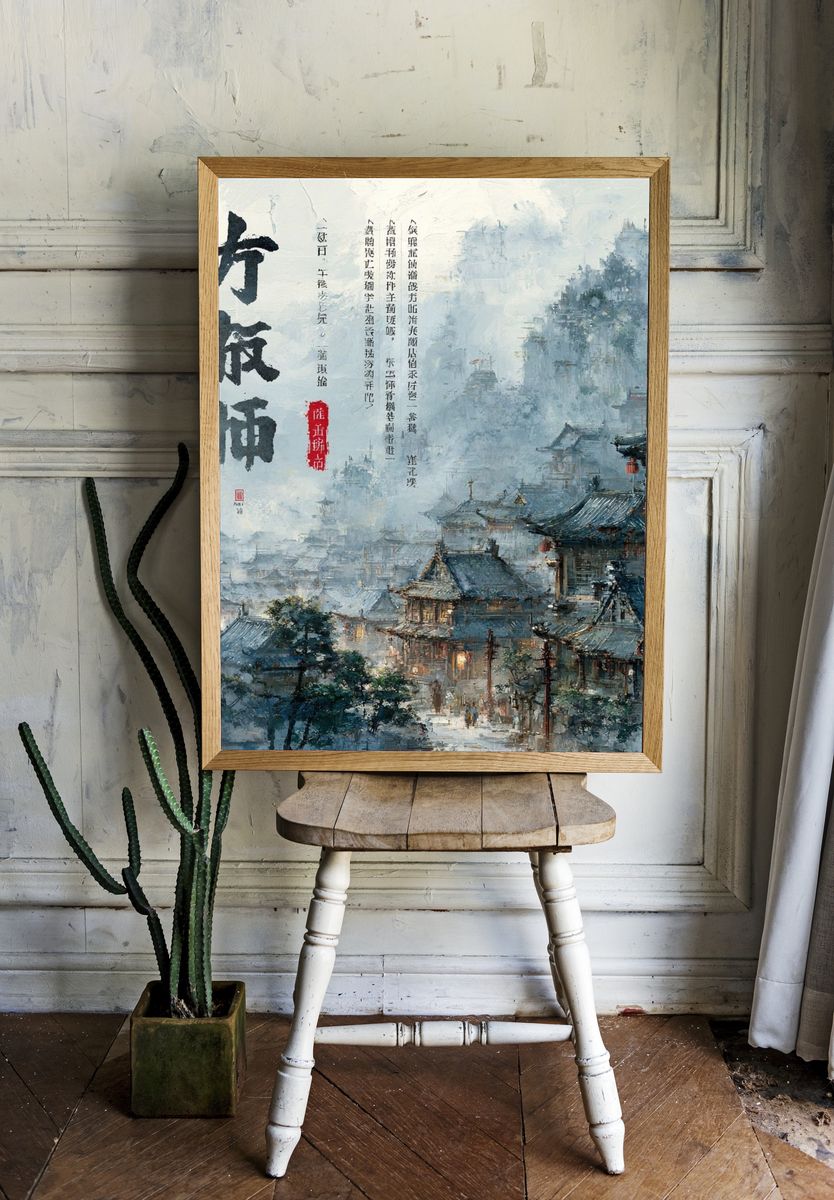 Misty Ancient Village Ink Poster room preview