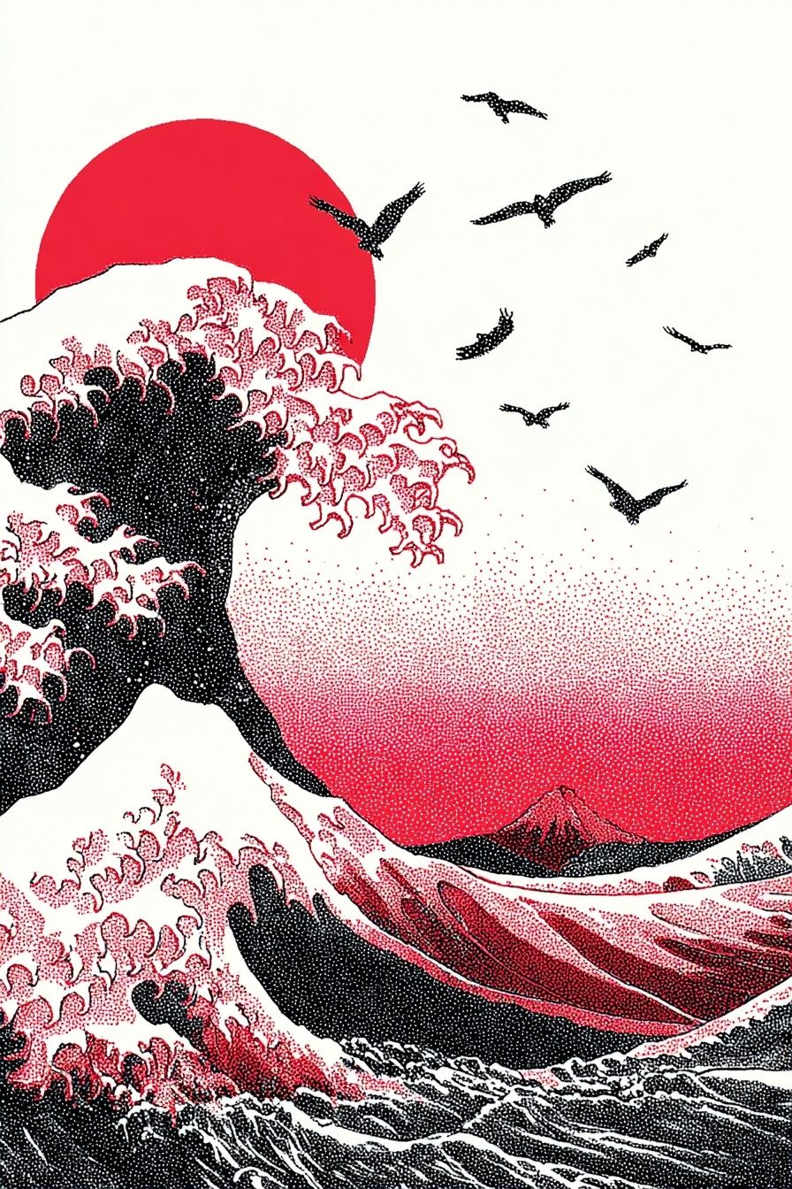 Great Wave Red Sun Print. poster detail
