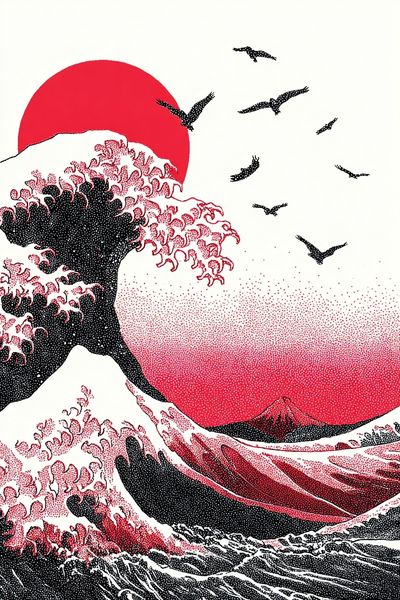 Great Wave Red Sun Print. poster