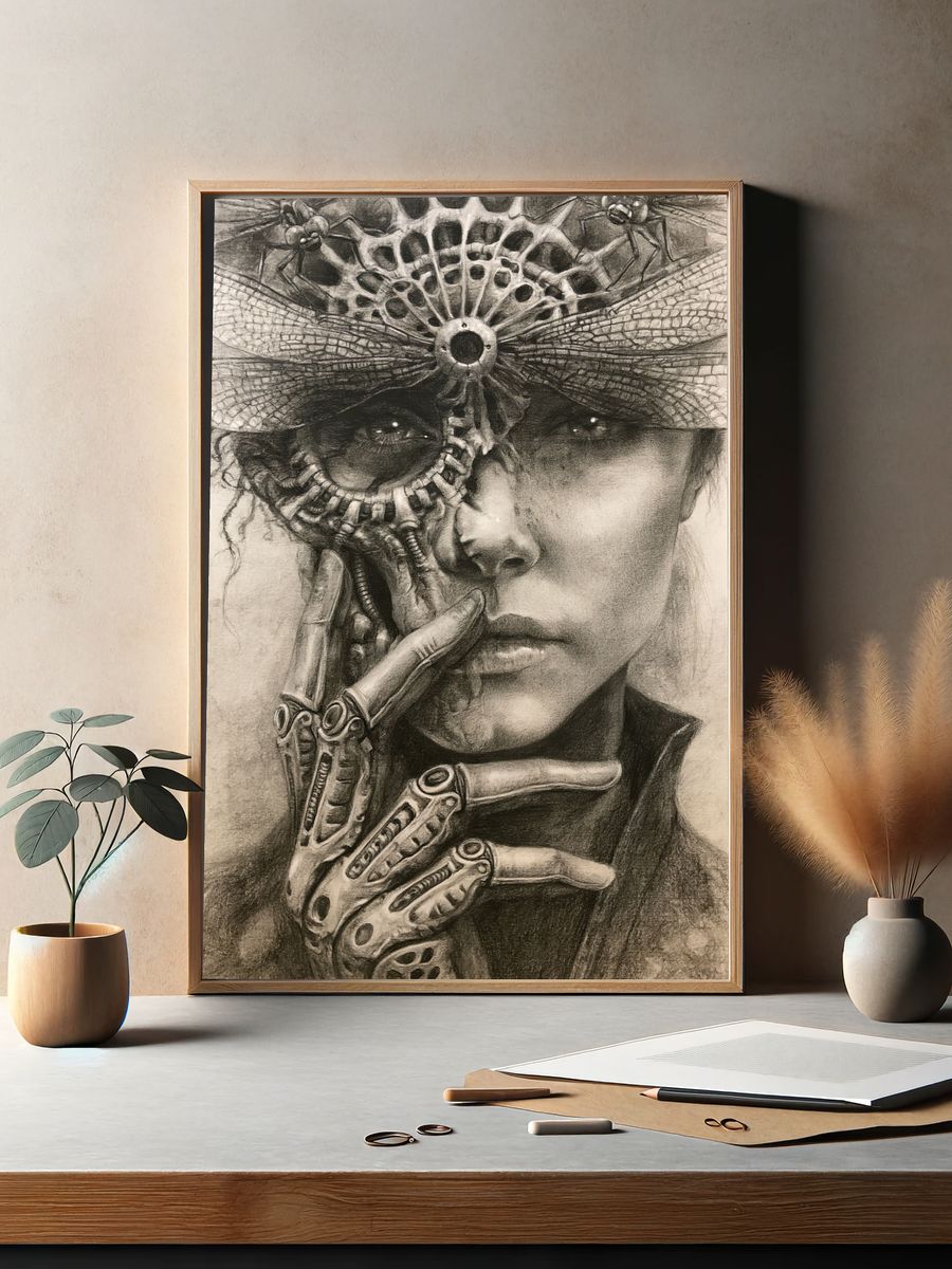 Surreal Cybernetic Portrait Print. — room view 2
