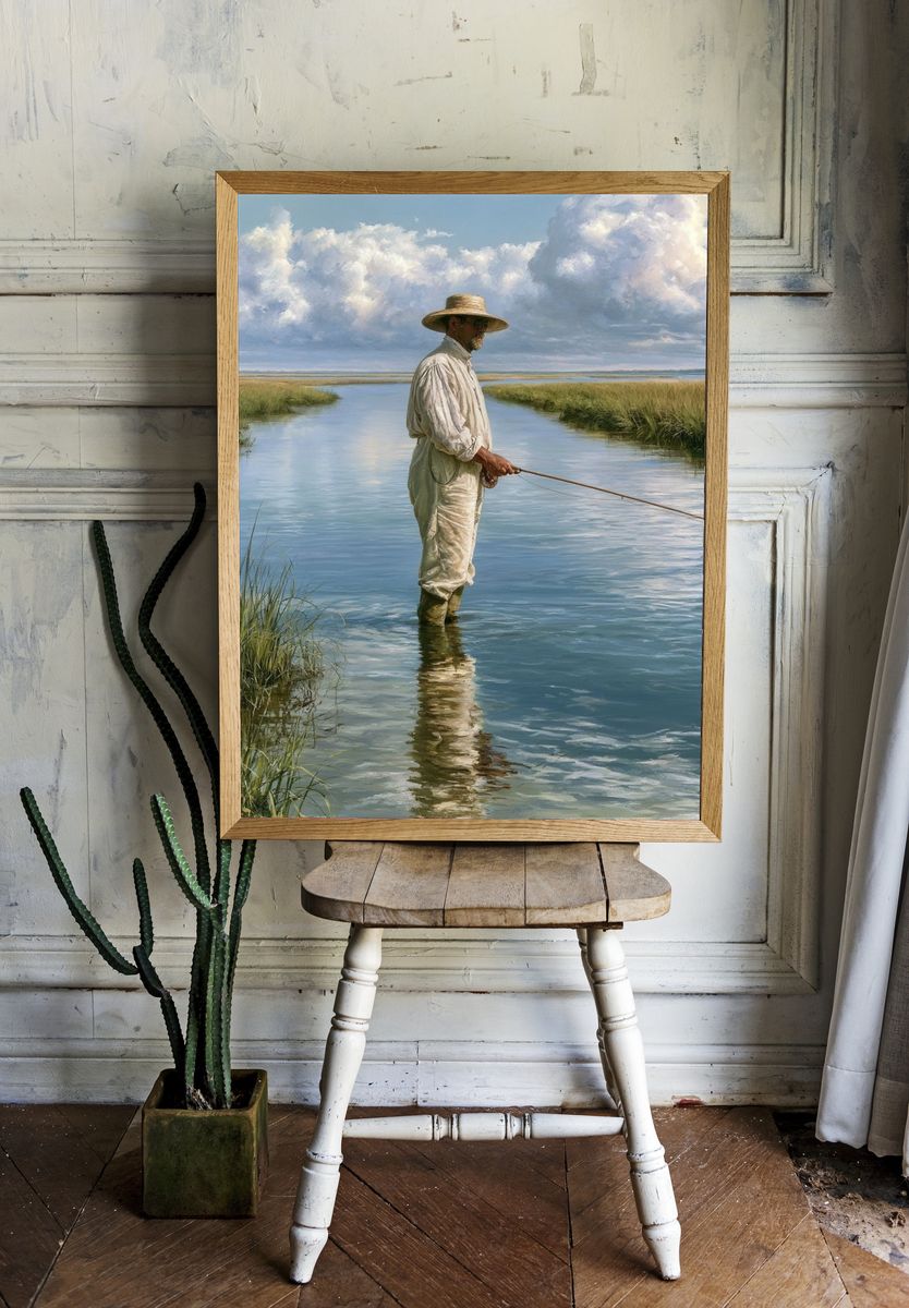 Marsh Fisherman Landscape Print. room preview