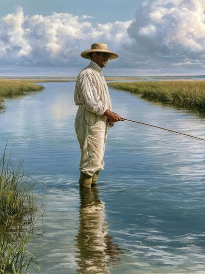 Marsh Fisherman Landscape Print. poster