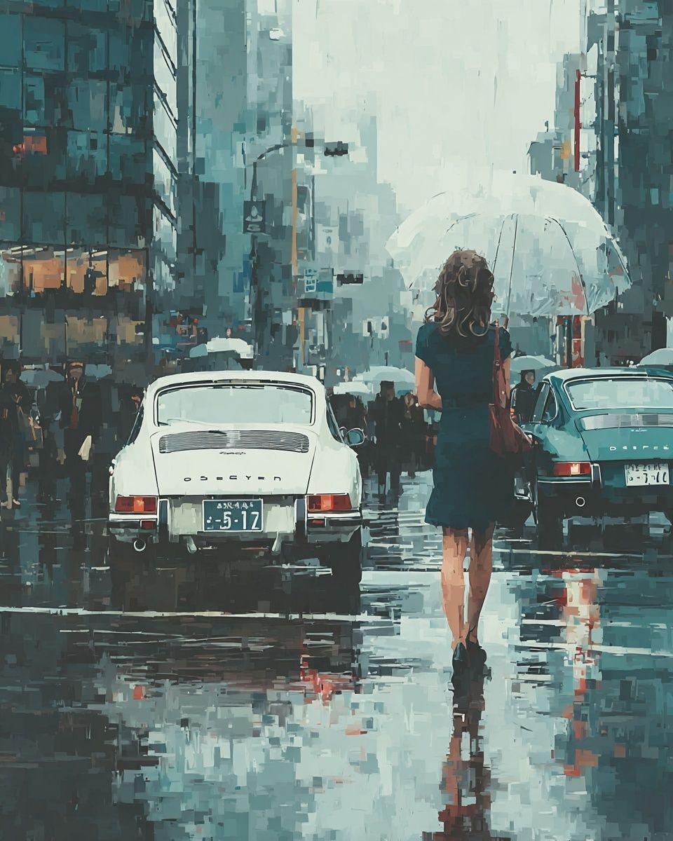 Rainy City Street — Impressionist Print. poster — fine-art art
