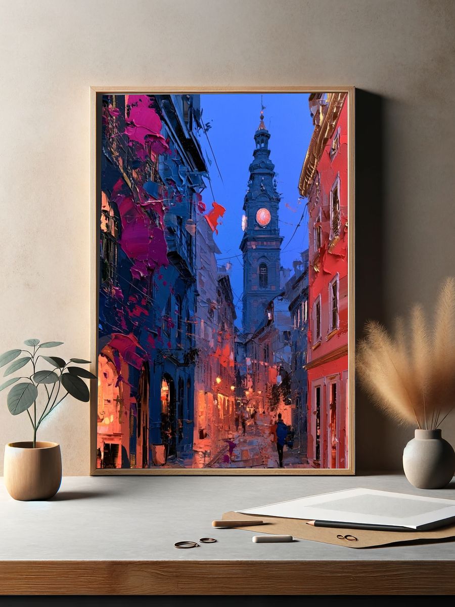 Colorful Old Town Street — Fine-Art Print. — room view 2