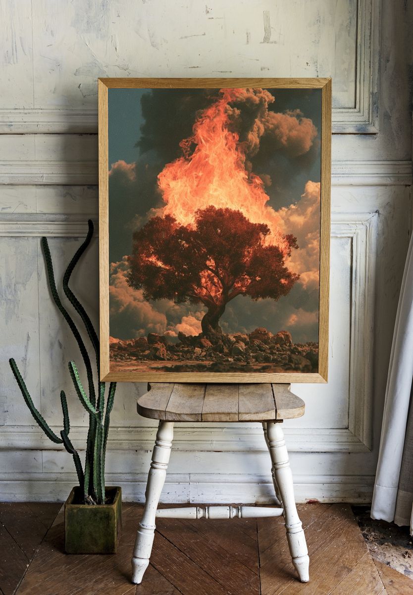 Burning Tree Surrealism Print. — room view 1
