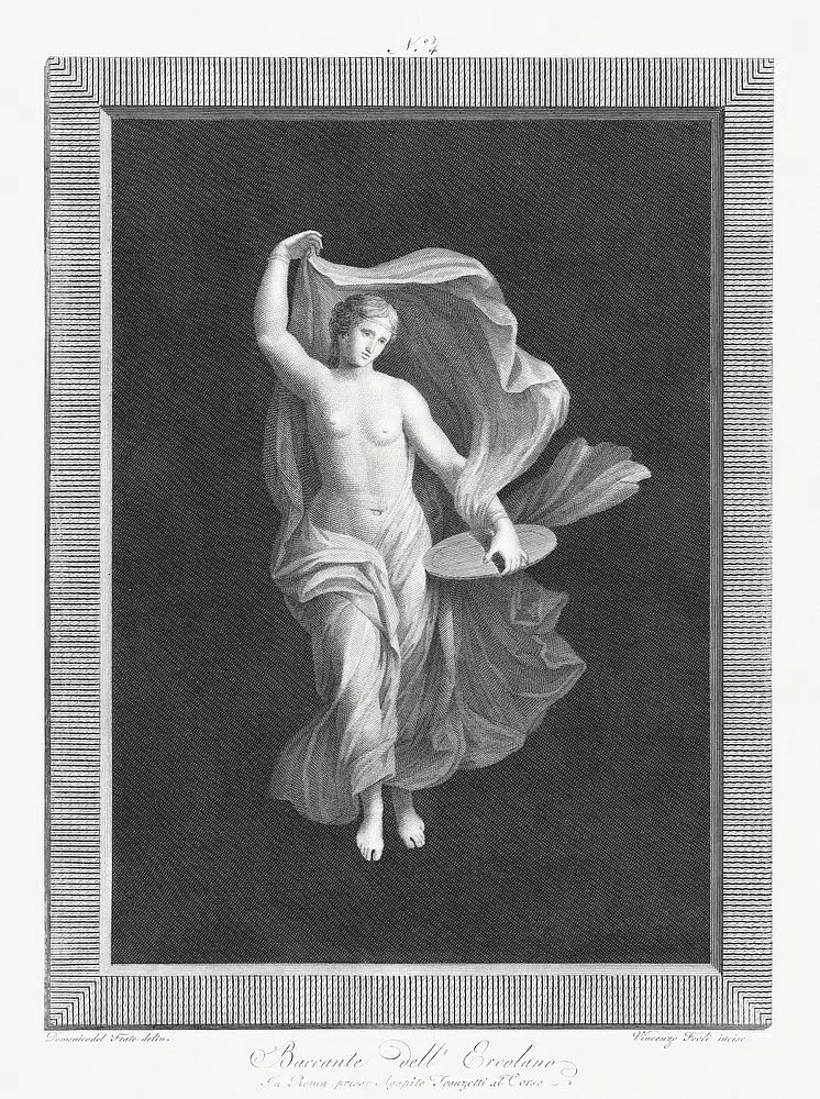 partly nude bacchante holding disk. poster — fine-art art
