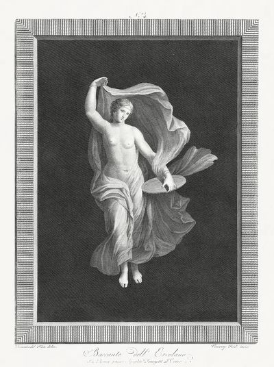 partly nude bacchante holding disk. poster print